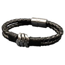 Black Leather Double Plaited Crest Bracelet