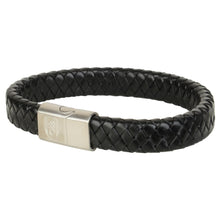 Black Leather Plaited Crest Bracelet